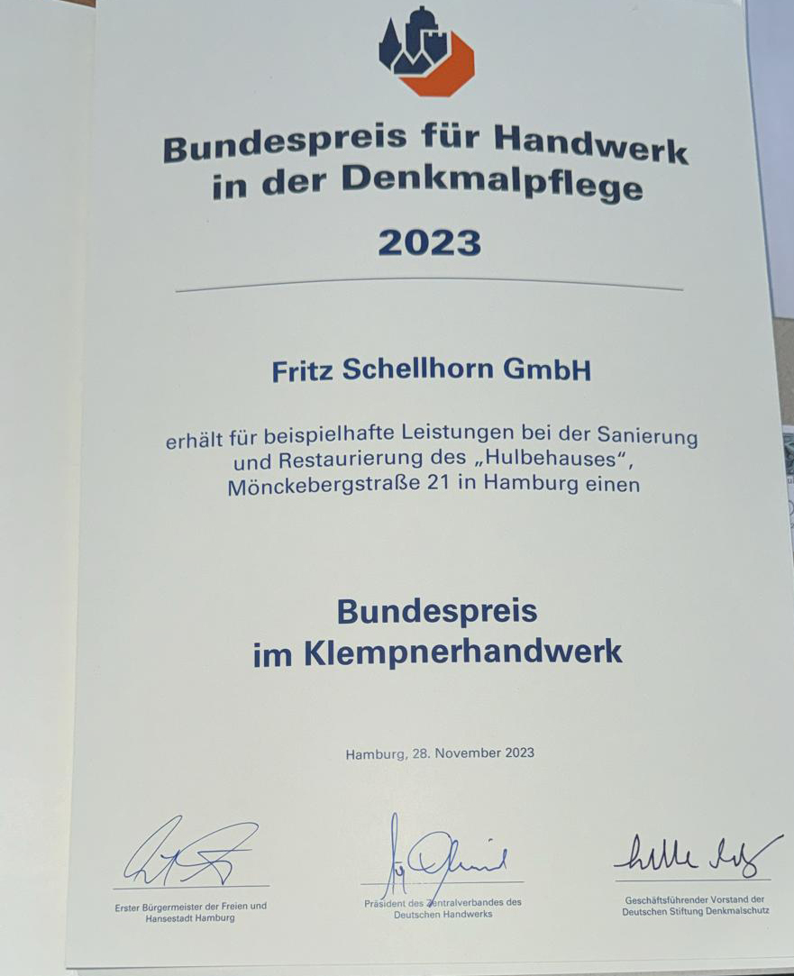 Urkunde Bundespreis für Handwerk in der Denkmalpflege